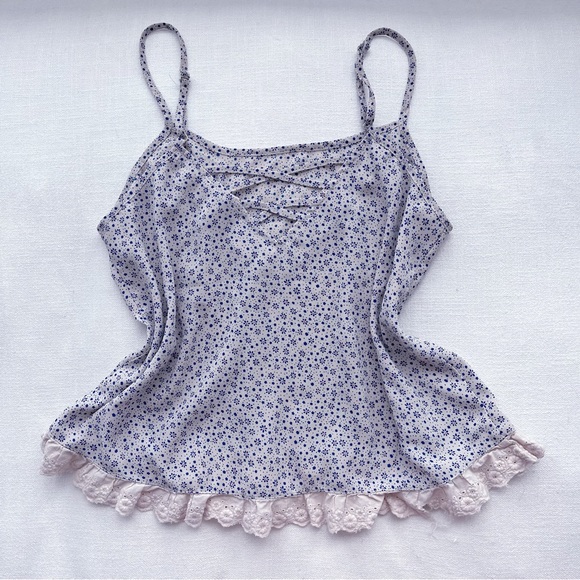 Floral Flower Print Lace Trim Blue White Pink Coquette Spaghetti Strap Top - Picture 2 of 2